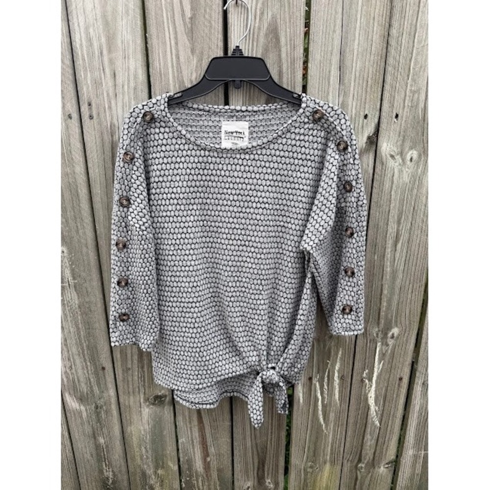 Casual Textured New York Laundry Knit Top S Grey Side Tie Button Sleeve